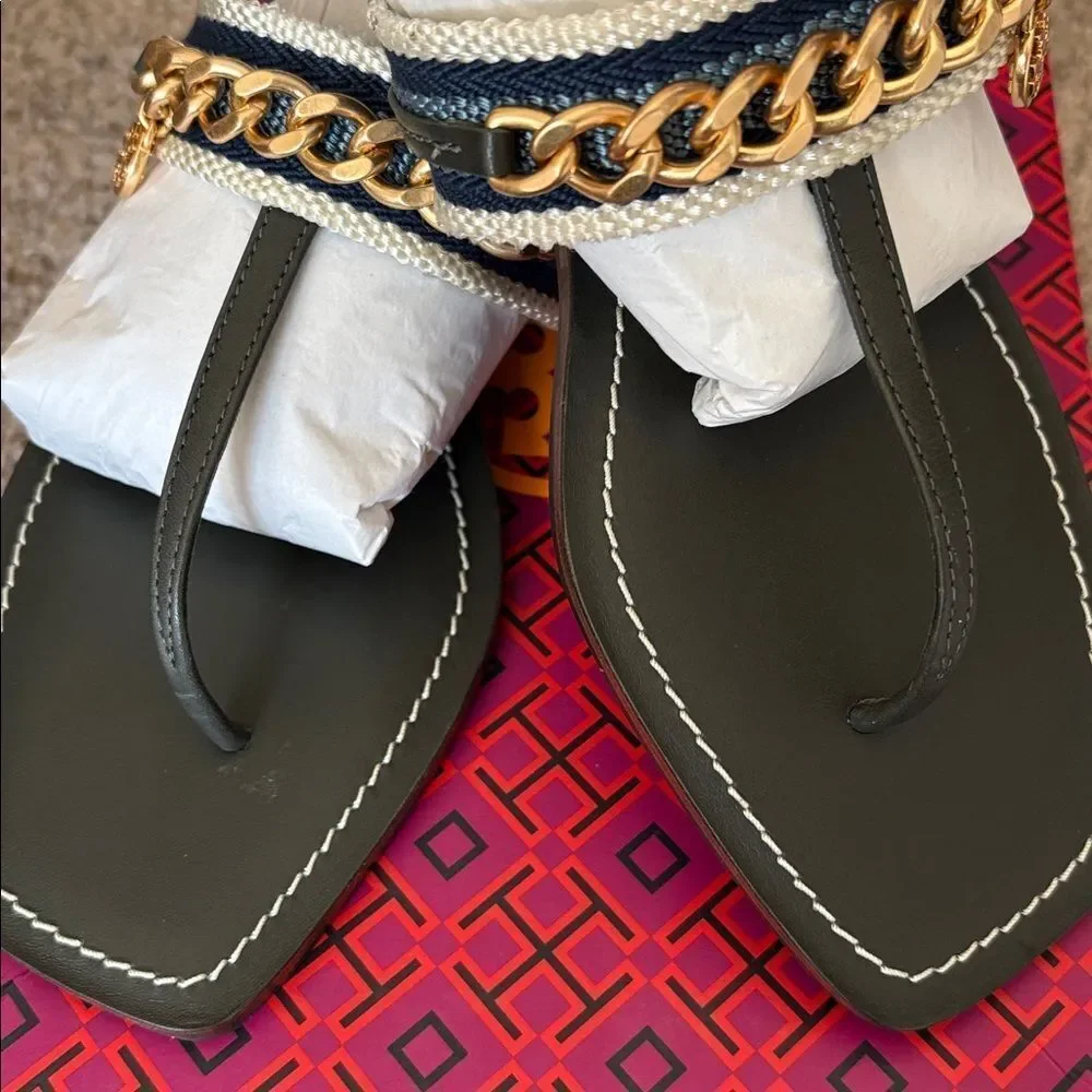 TORY BURCH Mini Benton Chain Band Sandals Poblano/Blue Yonder New in Box